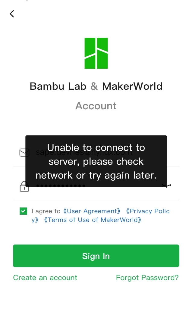 หน้าจอ Bambu Handy แสดงข้อความ Unable to connect to server