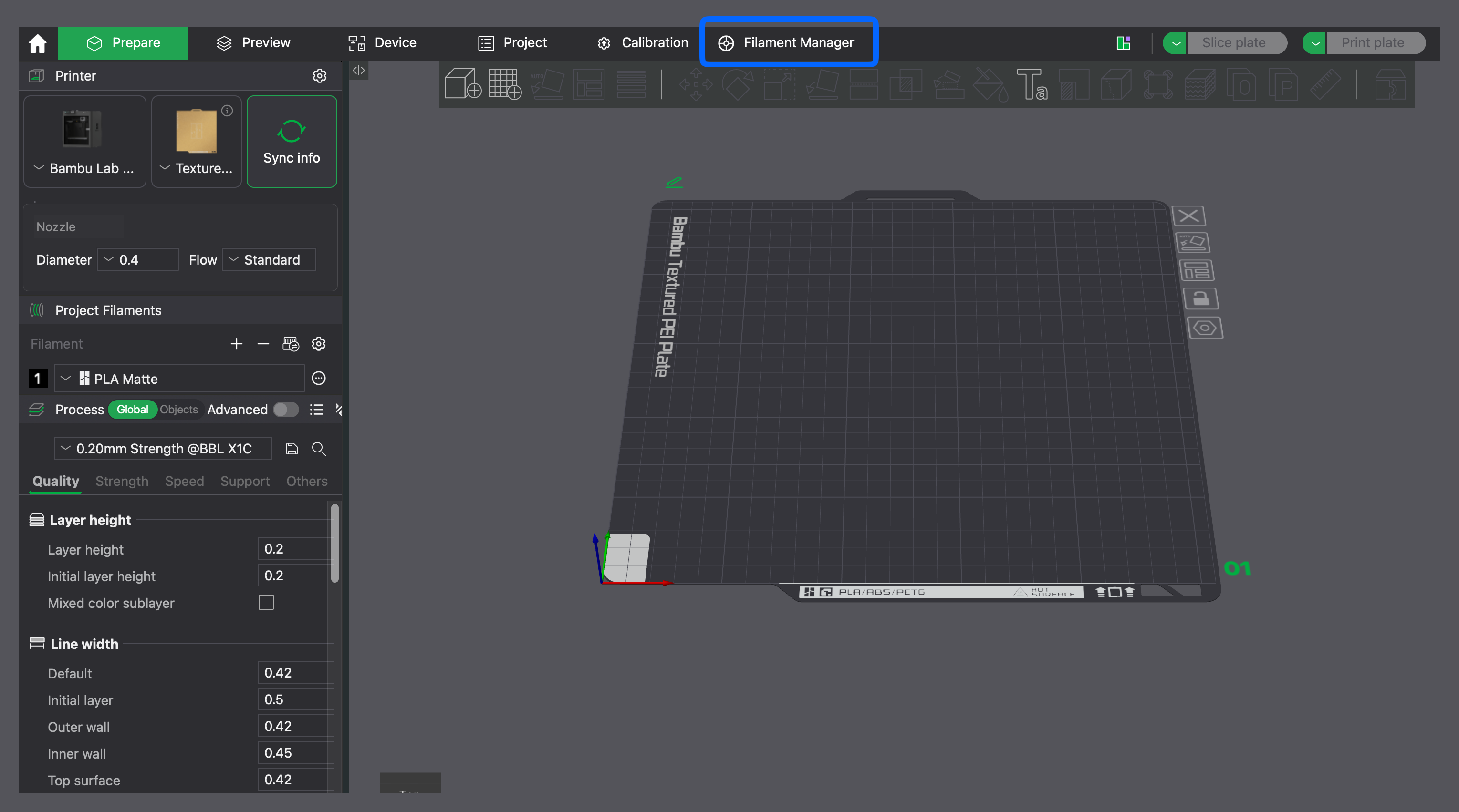 ตำแหน่งแท็บ Filament Manager ใน Bambu Studio