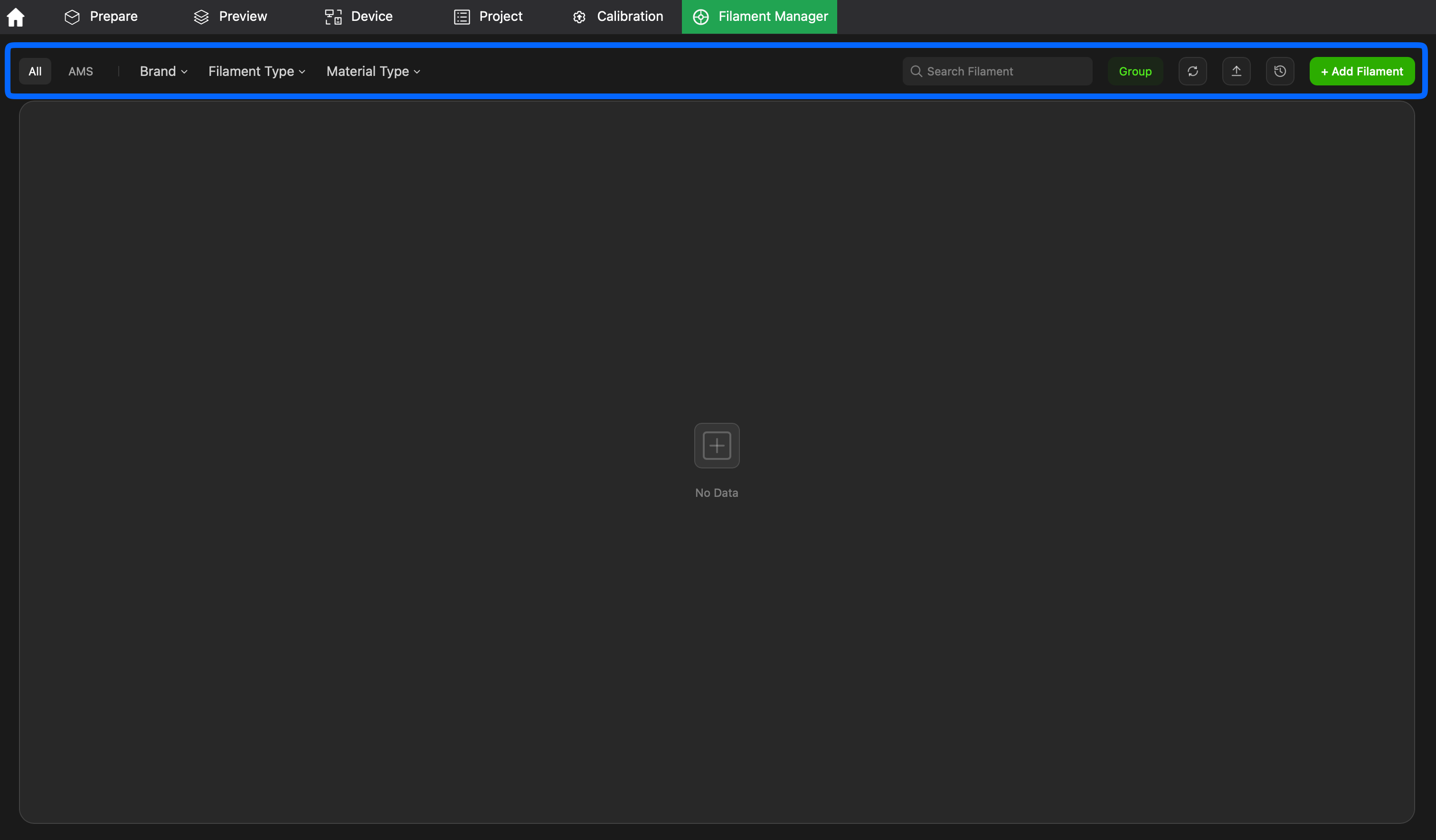 หน้าจอหลักของ Filament Manager