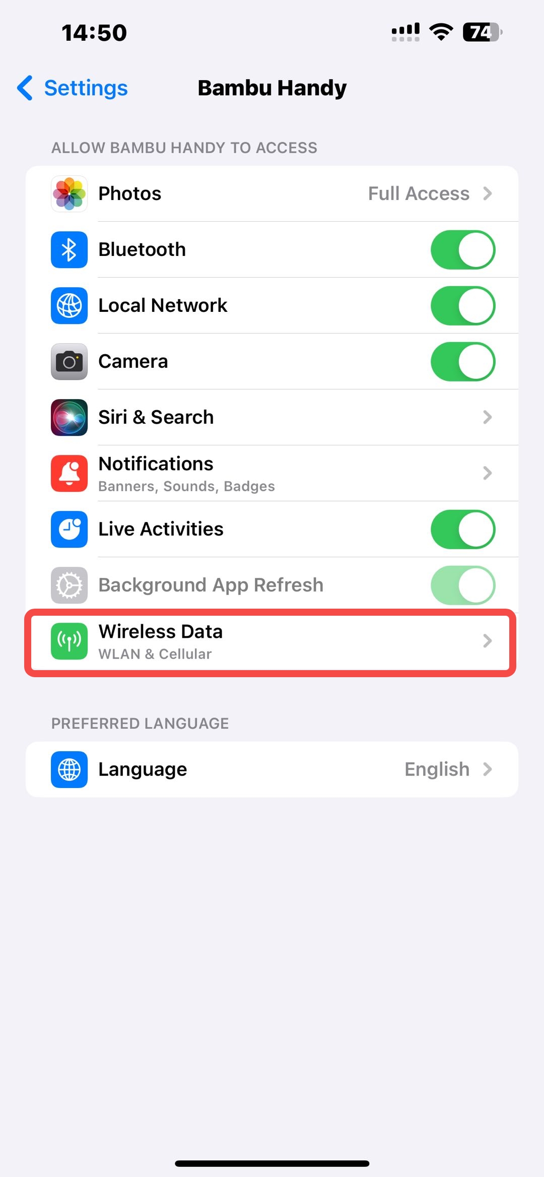 เข้า Settings ของ iPhone แล้วเลือก Bambu Handy เพื่อดูการตั้งค่า Wireless Data