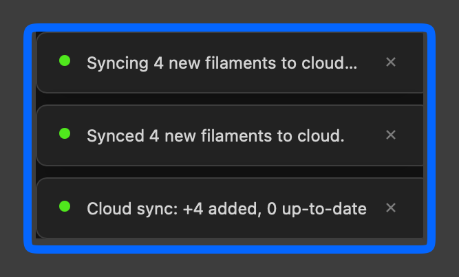 ข้อความยืนยันหลังซิงก์เส้น Filament ขึ้น Cloud