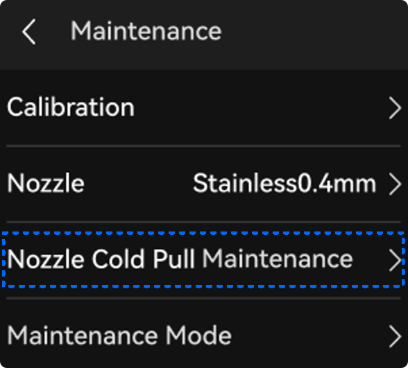เมนู Nozzle Cold Pull Maintenance บนหน้าจอ Bambu Lab A2L