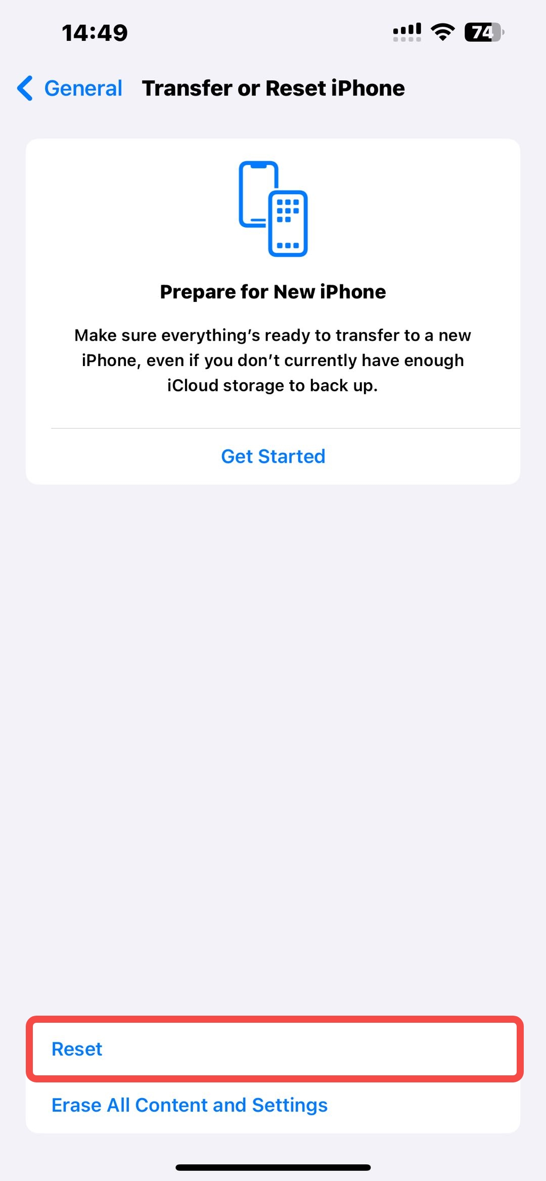 เลือก Reset ในหน้า Transfer or Reset iPhone