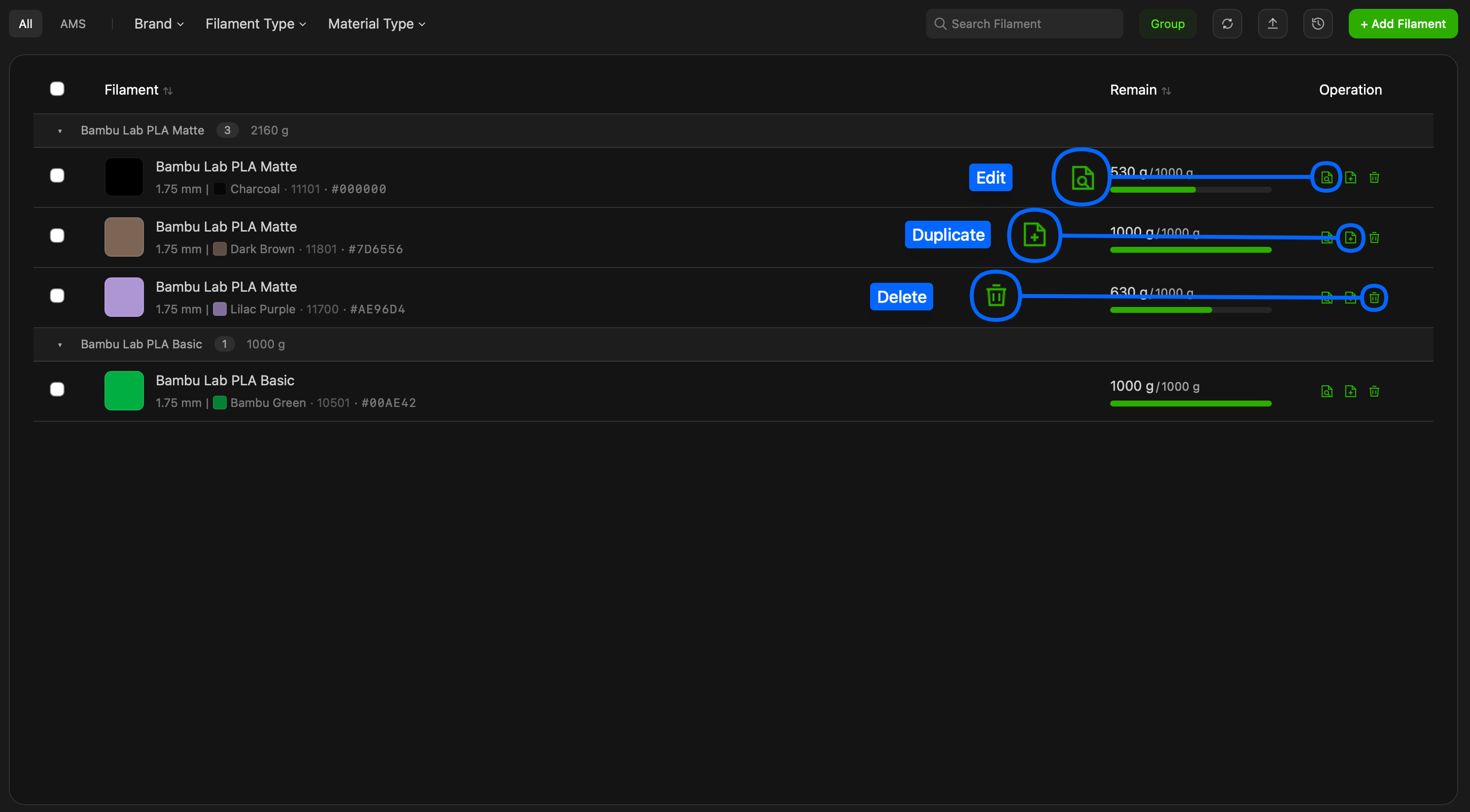 ปุ่ม Edit, Duplicate และ Delete ของรายการเส้น