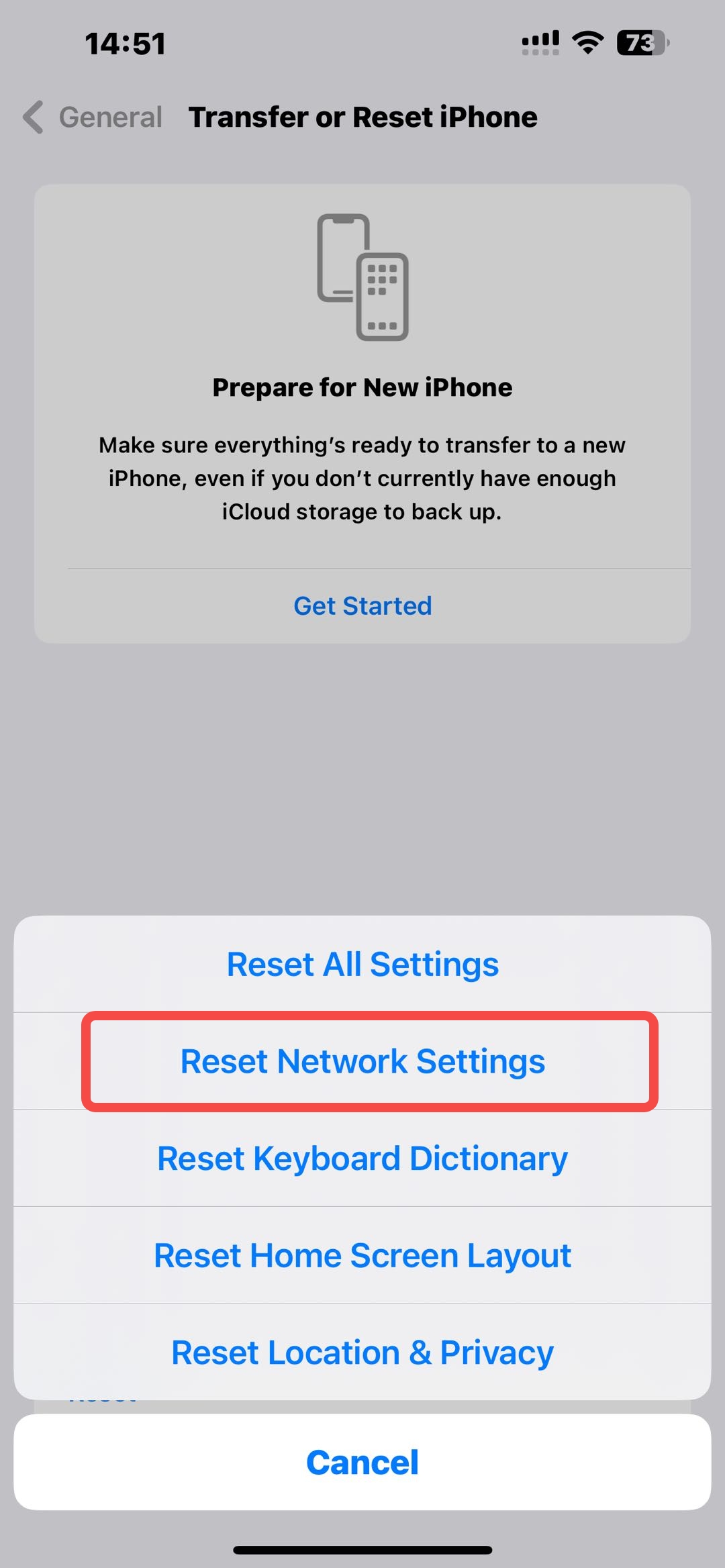 เลือก Reset Network Settings เพื่อรีเซ็ตค่าการเชื่อมต่อเครือข่าย