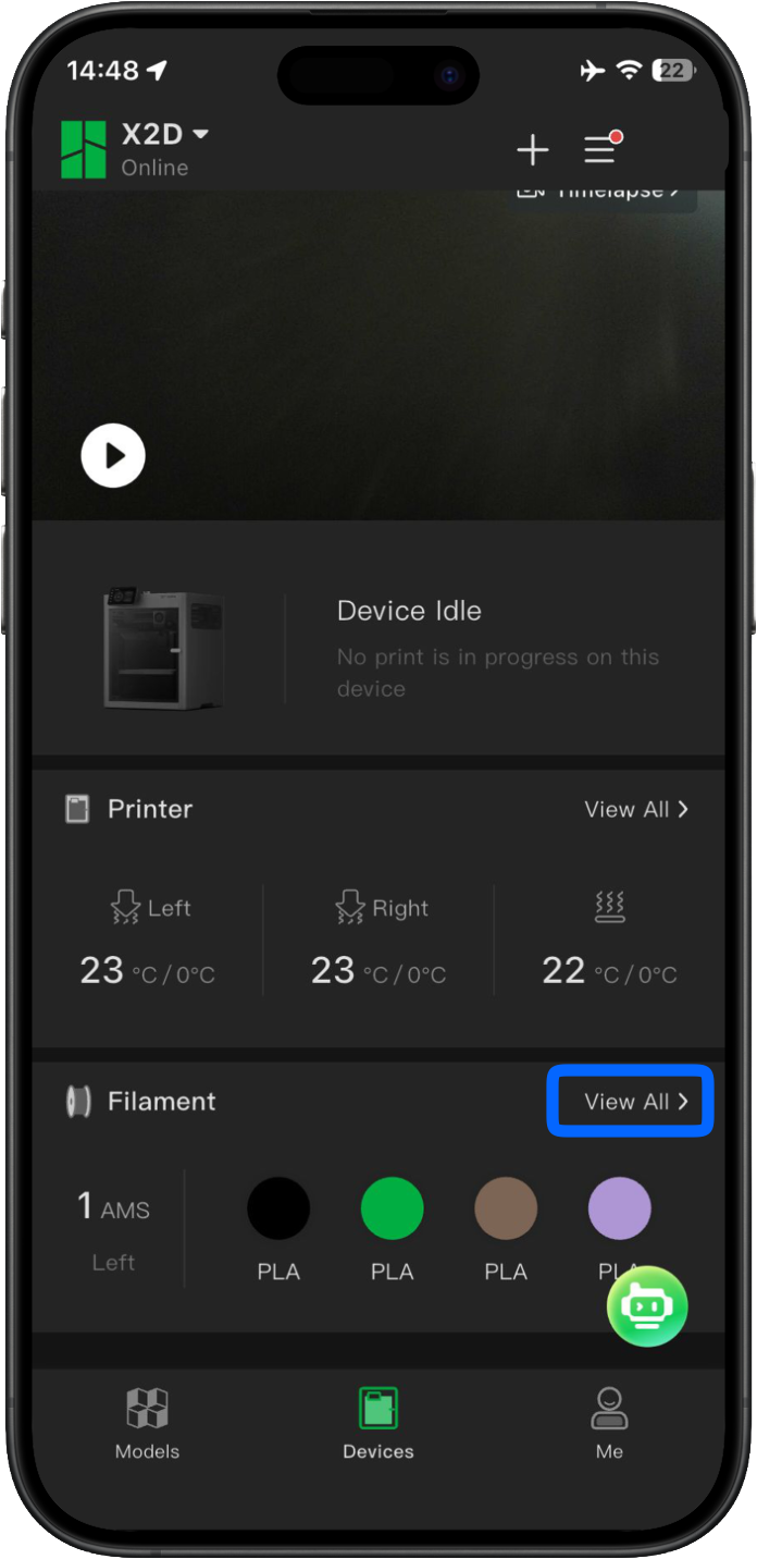 หน้า Filament ใน Bambu Handy