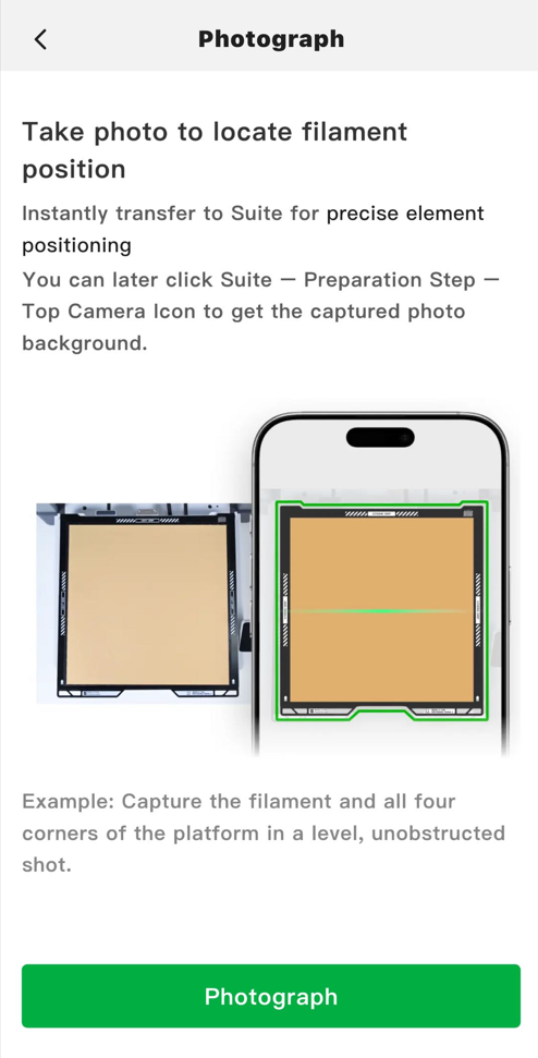 หน้าจอคำแนะนำการถ่ายภาพ Platform ใน Bambu Handy