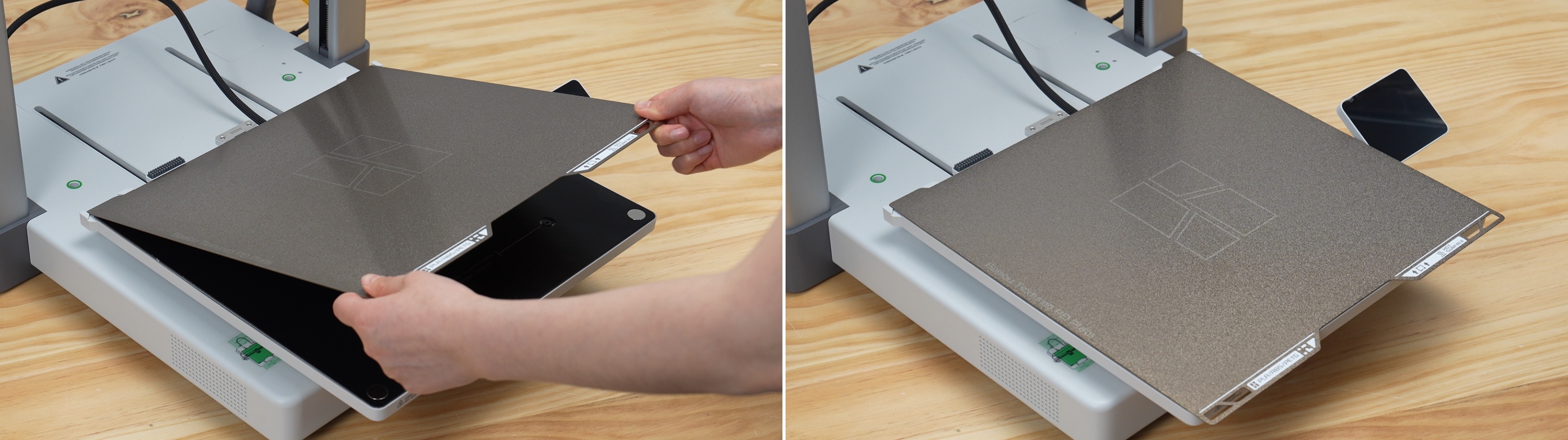 จับ Build Plate ด้วยสองมือ จัดขอบให้ตรงกับ Heatbed แล้ววางลงเบา ๆ